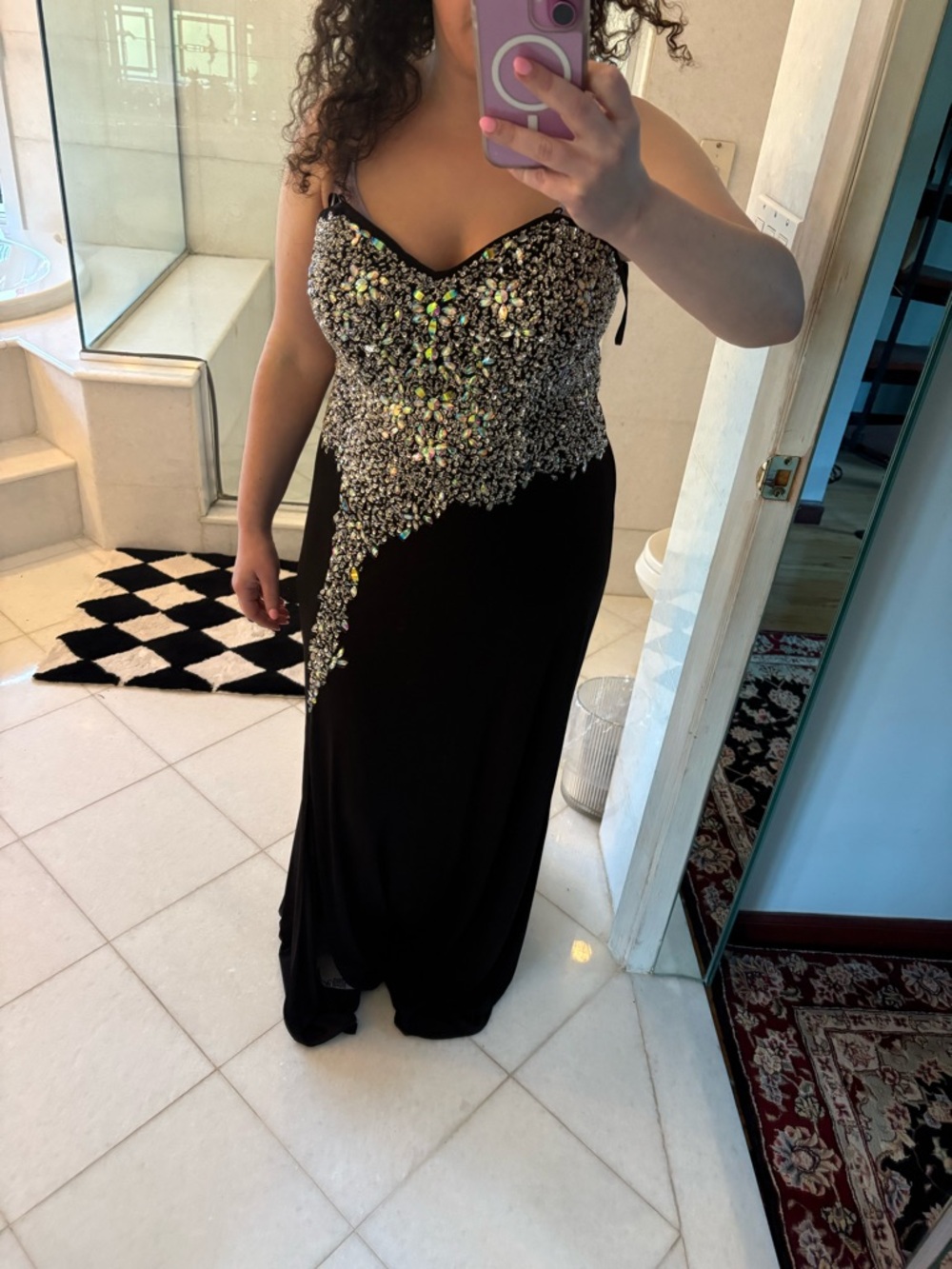 Crystal Doll Black Beaded Evening Gown with Iridescent Embellishments Size 14